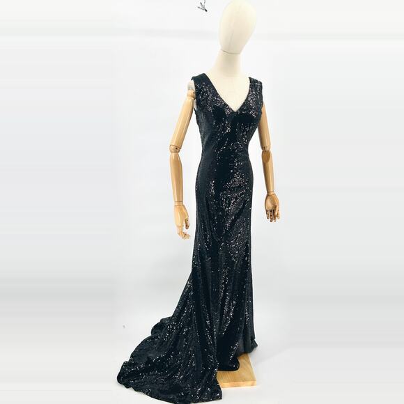 Y2K Black Sequin Sexy Satin Lace-Up Corset Back Evening Gown - Picture 1 of 7